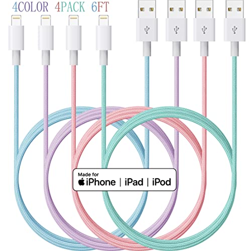 מטען אייפון ניילון צמה כבל 4 צבעים כבל ברק [4-פאק 6ft] Apple MFI מוסמך למטען אפל, אייפון 13/12/11/SE/XS/XS